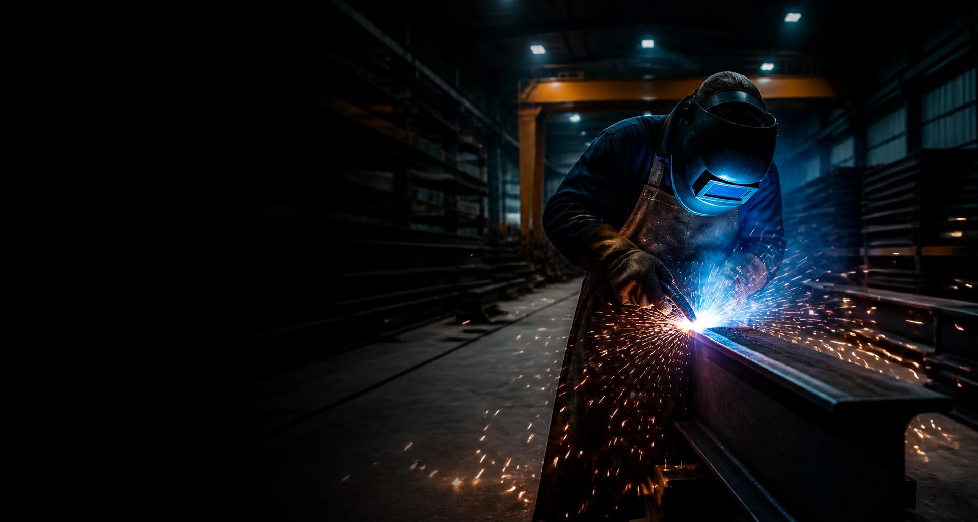 Welder in PPE working on structural steel beam inside a Dublin fabrication workshop