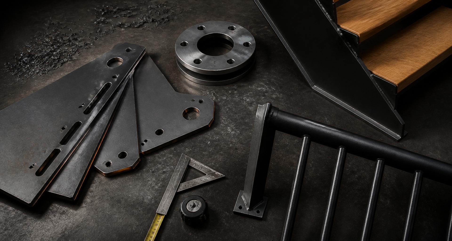 Precision plasma cut steel plates, CNC-drilled flange and matte black railing laid out on a fabrication workbench