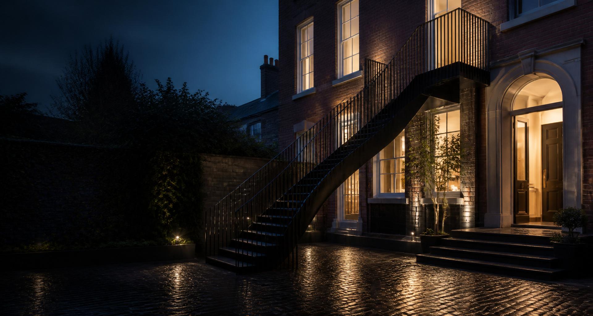 Bespoke black steel staircase and balustrade on a Dublin Georgian home at dusk