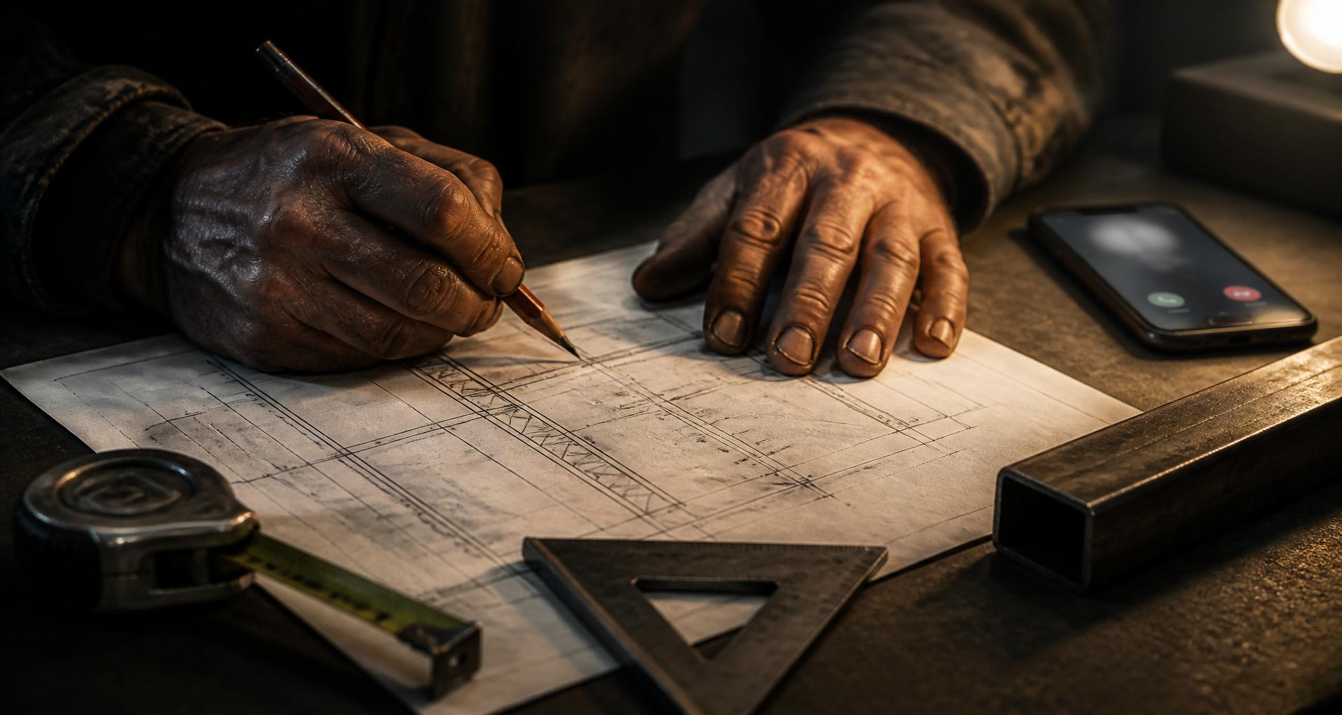 Fabricator's hands marking up a structural steel drawing at a workshop desk