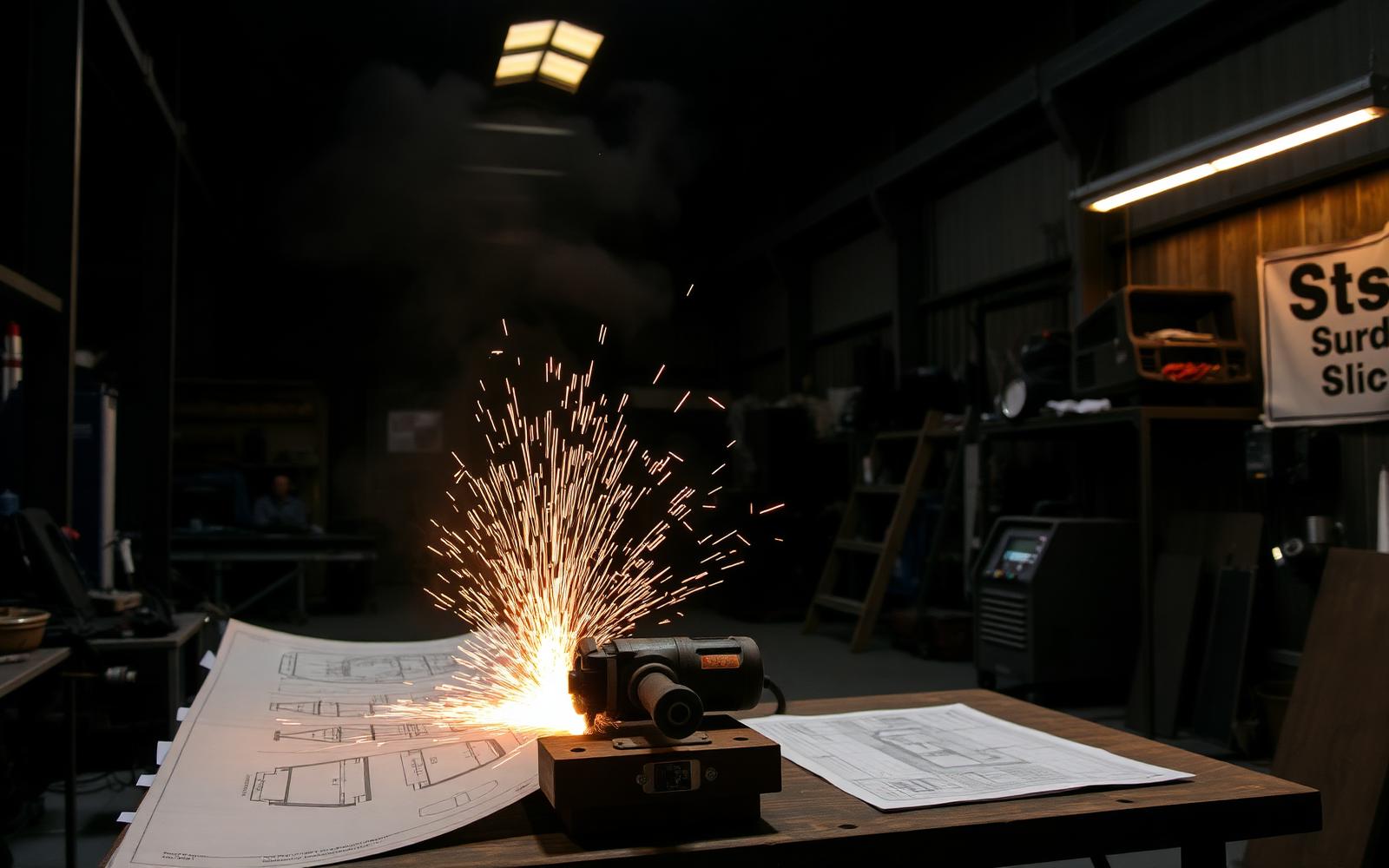 Interior of Churchtown Steel Engineering workshop in Dublin showing fabrication drawings and steel sections